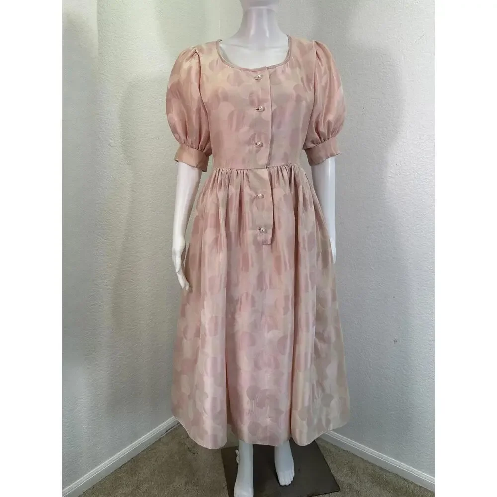 Vtg 1950s Michael Novarese Pink Satin Party Dress Puff Sleeves Couture Designer
